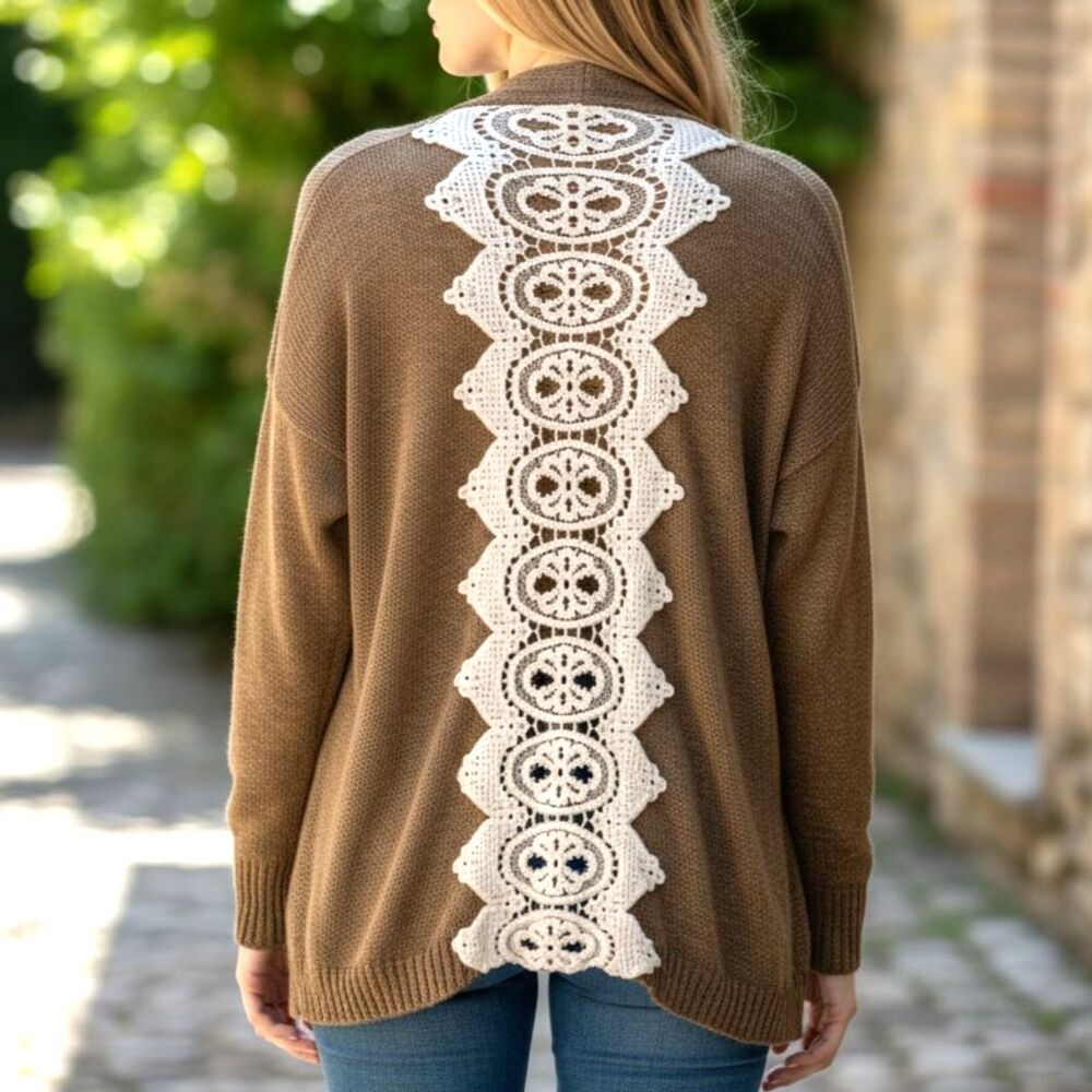 Umgee USA Tan Knit Sweater Crochet Lace Back Panel Boho Oversized S/M EUC